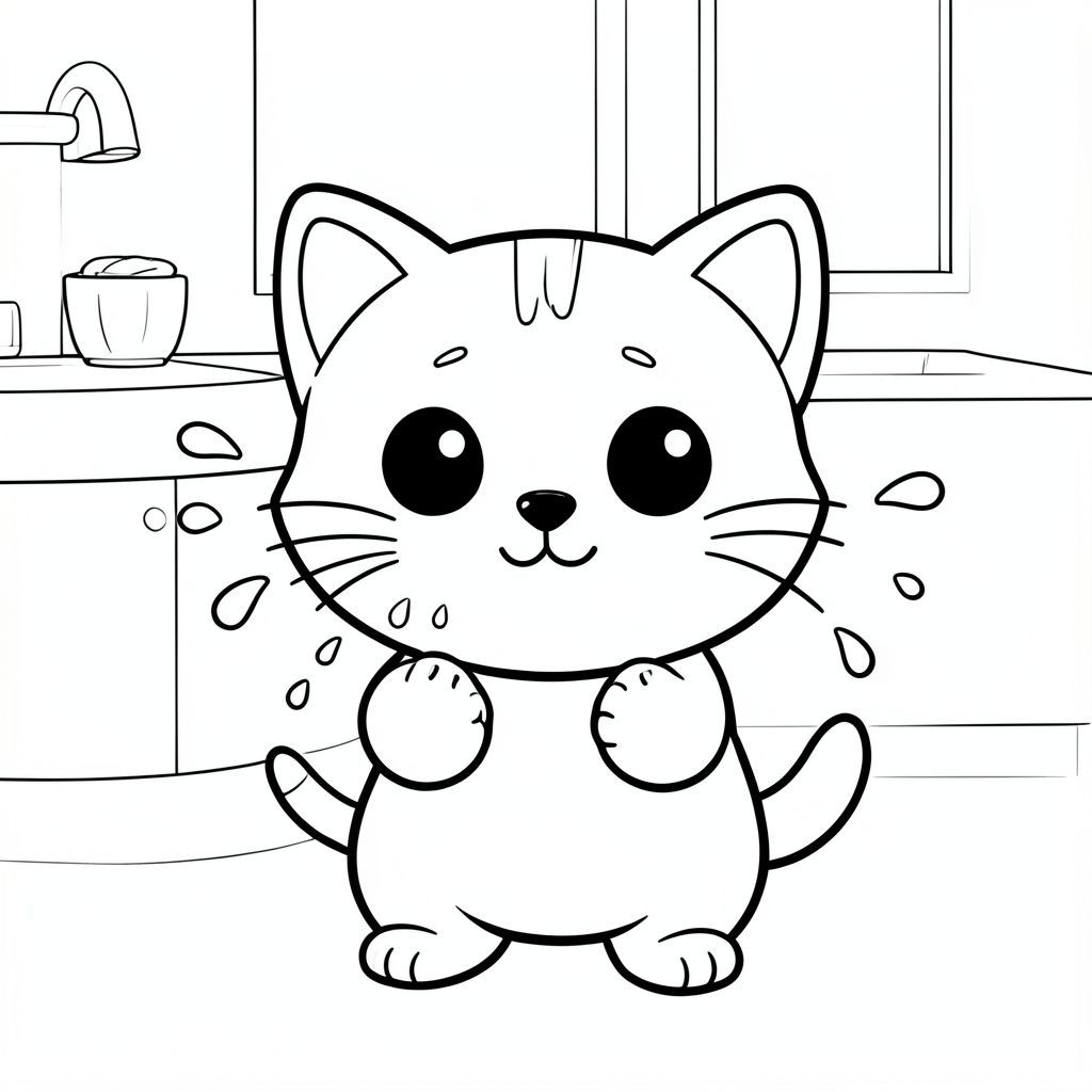 Mèo con rửa mặt bằng nước bắn vào. cảnh phòng tắm tối giản, "Mèo con Kawaii, đầu tròn rất to, thân hình nhỏ xíu, chân ngắn, bàn chân tròn nhỏ, mắt tròn to đơn giản, mũi đen nhỏ, khuôn mặt cười dễ thương, má mũm mĩm, 3 đường nhỏ trên trán, râu đơn giản, tai tròn nhỏ với chi tiết bên trong, hình tròn mềm mại, đường viền dày đậm sạch sẽ, chỉ đen trắng, không màu,  Không đổ bóng, không có thang độ xám, chi tiết đơn giản tối thiểu, nhiều không gian trống để tô màu, thân thiện với trẻ em, 3-6 tuổi, bố cục đơn giản, ký tự ở giữa, nền trắng trơn, thiết kế nhân vật nhất quán, cùng khuôn mặt và tỷ lệ, trang sách tô màu, đường dày, dễ tô màu - độ phân giải cao AR 2: 3 "