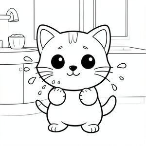 Mèo con rửa mặt bằng nước bắn vào. cảnh phòng tắm tối giản, "Mèo con Kawaii, đầu tròn rất to, thân hình nhỏ xíu, chân ngắn, bàn chân tròn nhỏ, mắt tròn to đơn giản, mũi đen nhỏ, khuôn mặt cười dễ thương, má mũm mĩm, 3 đường nhỏ trên trán, râu đơn giản, tai tròn nhỏ với chi tiết bên trong, hình tròn mềm mại, đường viền dày đậm sạch sẽ, chỉ đen trắng, không màu,  Không đổ bóng, không có thang độ xám, chi tiết đơn giản tối thiểu, nhiều không gian trống để tô màu, thân thiện với trẻ em, 3-6 tuổi, bố cục đơn giản, ký tự ở giữa, nền trắng trơn, thiết kế nhân vật nhất quán, cùng khuôn mặt và tỷ lệ, trang sách tô màu, đường dày, dễ tô màu - độ phân giải cao AR 2: 3 "