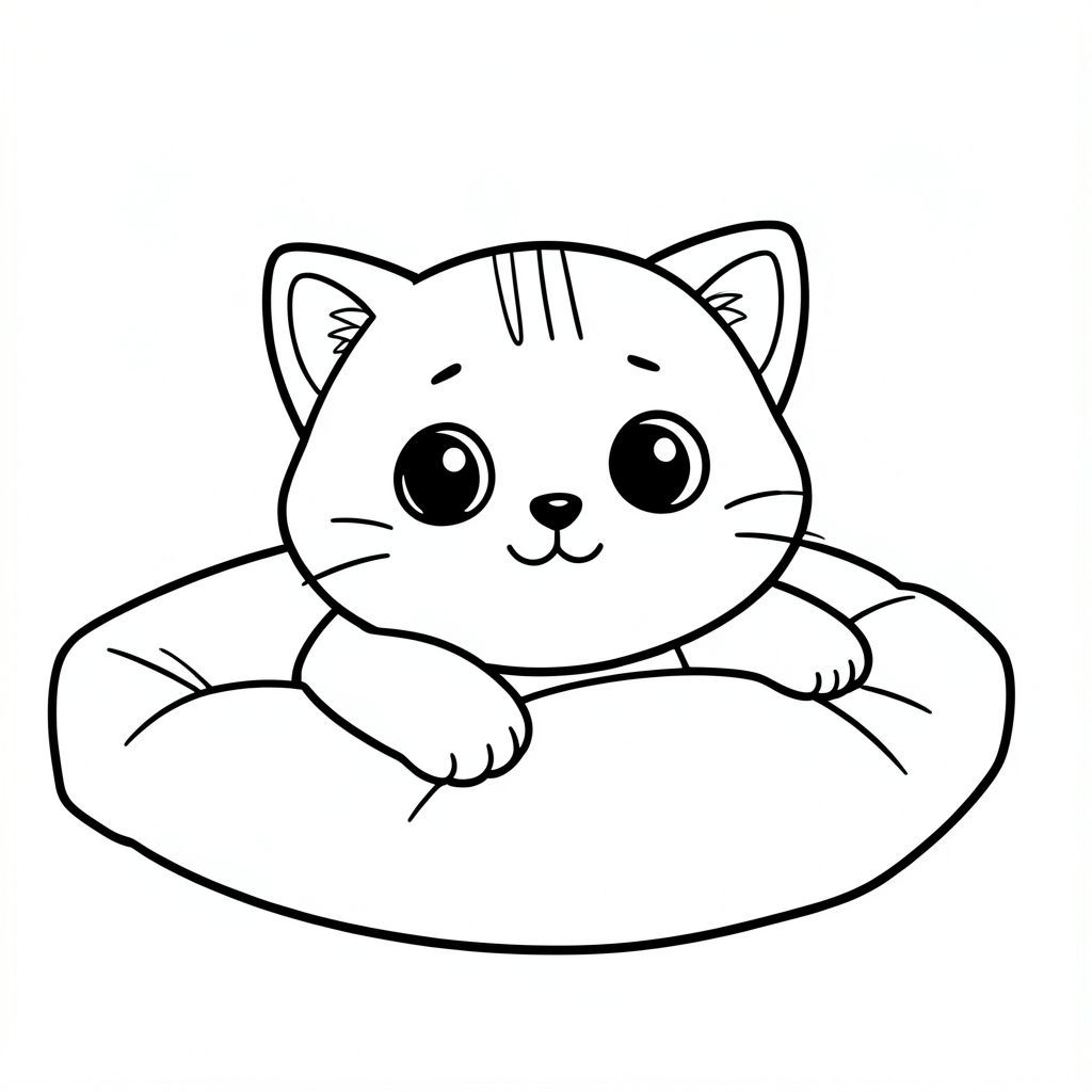 Mèo con dễ thương thức dậy và duỗi người trên giường.
Mèo con Kawaii, đầu tròn rất to, thân hình nhỏ xíu, chân ngắn, bàn chân tròn nhỏ, mắt to tròn, mũi đen xíu, khuôn mặt cười dễ thương, má mũm mĩm, 3 đường nhỏ trên trán, râu đơn giản, tai nhỏ có chi tiết bên trong, hình tròn mềm mại, không có cạnh sắc

Phong cách:
Đường viền sạch sẽ dày đậm, chỉ đen trắng, không màu, không thang độ xám, không đổ bóng, không bóng, chi tiết tối thiểu, không gian mở rộng để tô màu, nền đơn giản, thân thiện với trẻ em, 3–6 tuổi, dễ tô màu, trang sách tô màu

Bố cục:
Bố cục tập trung, đối tượng rõ ràng, không lộn xộn, chỉ các đối tượng đơn giản

Tỷ lệ khung hình:
--AR 2:3
