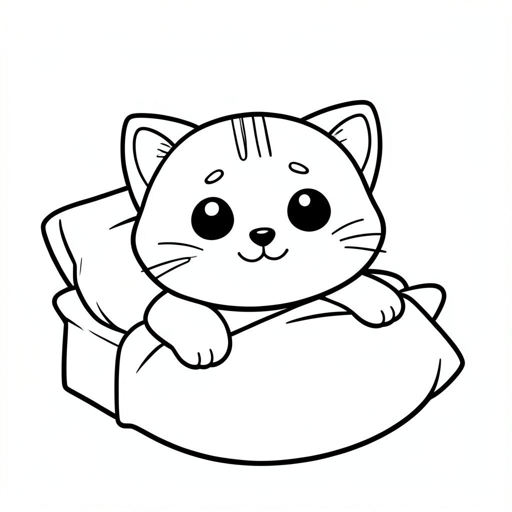 Mèo con thức dậy và duỗi người trên giường, nhân vật mèo con Kawaii, đầu tròn rất to, thân hình nhỏ xíu, chân ngắn, bàn chân tròn nhỏ, mắt tròn to, mũi đen xíu, khuôn mặt cười dễ thương, má mũm mĩm, 3 đường nhỏ trên trán, râu đơn giản, tai tròn nhỏ với chi tiết bên trong, hình tròn mềm mại, không có cạnh sắc, tỷ lệ thân thiện với trẻ em,  chi tiết tối thiểu, đường viền rõ ràng dày đậm, chỉ đen trắng, không đổ bóng, không thang độ xám, không lộn xộn nền, nhiều không gian trống để tô màu, bố cục chính giữa, cùng khuôn mặt và tỷ lệ trong mọi hình ảnh