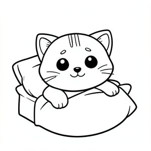 Mèo con thức dậy và duỗi người trên giường, nhân vật mèo con Kawaii, đầu tròn rất to, thân hình nhỏ xíu, chân ngắn, bàn chân tròn nhỏ, mắt tròn to, mũi đen xíu, khuôn mặt cười dễ thương, má mũm mĩm, 3 đường nhỏ trên trán, râu đơn giản, tai tròn nhỏ với chi tiết bên trong, hình tròn mềm mại, không có cạnh sắc, tỷ lệ thân thiện với trẻ em,  chi tiết tối thiểu, đường viền rõ ràng dày đậm, chỉ đen trắng, không đổ bóng, không thang độ xám, không lộn xộn nền, nhiều không gian trống để tô màu, bố cục chính giữa, cùng khuôn mặt và tỷ lệ trong mọi hình ảnh