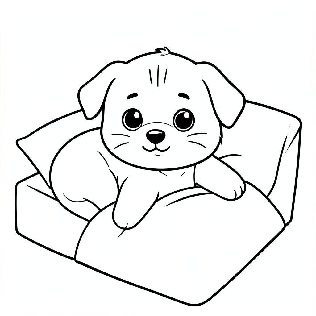 Chó con thức dậy trên giường, duỗi người.
Chó con Kawaii, đầu tròn rất to, thân hình nhỏ xíu, chân ngắn, bàn chân tròn nhỏ, mắt tròn to, mũi đen xíu, khuôn mặt cười dễ thương, má mũm mĩm, 3 đường nhỏ trên trán, râu đơn giản, tai tròn nhỏ, cùng thiết kế nhân vật nhất quán, tư thế dễ thương đơn giản, chi tiết tối thiểu, đường viền dày rõ ràng đậm, nghệ thuật đường nét đen trắng, không màu,  Không đổ bóng, không thang độ xám, không lộn xộn nền, nhiều không gian trống, phong cách sách tô màu trẻ em, 3-6 tuổi --ar 2:3