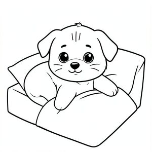 Chó con thức dậy trên giường, duỗi người.
Chó con Kawaii, đầu tròn rất to, thân hình nhỏ xíu, chân ngắn, bàn chân tròn nhỏ, mắt tròn to, mũi đen xíu, khuôn mặt cười dễ thương, má mũm mĩm, 3 đường nhỏ trên trán, râu đơn giản, tai tròn nhỏ, cùng thiết kế nhân vật nhất quán, tư thế dễ thương đơn giản, chi tiết tối thiểu, đường viền dày rõ ràng đậm, nghệ thuật đường nét đen trắng, không màu,  Không đổ bóng, không thang độ xám, không lộn xộn nền, nhiều không gian trống, phong cách sách tô màu trẻ em, 3-6 tuổi --ar 2:3