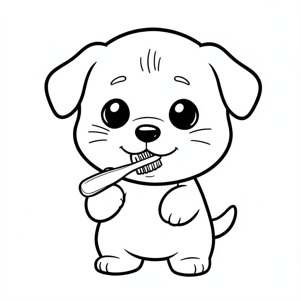 Chó con đánh răng bằng bàn chải đánh răng, chó con Kawaii, đầu tròn rất to, thân nhỏ xíu, chân ngắn, bàn chân tròn nhỏ, mắt tròn to, mũi đen nhỏ, khuôn mặt cười dễ thương, má mũm mĩm, 3 đường nhỏ trên trán, râu đơn giản, tai tròn nhỏ, thiết kế nhân vật nhất quán, tư thế dễ thương đơn giản, chi tiết tối thiểu, đường viền dày rõ ràng, nghệ thuật đường nét đen trắng,  Không màu, không đổ bóng, không thang độ xám, không lộn xộn nền, nhiều không gian trống, phong cách sách tô màu trẻ em, 3-6 tuổi --ar 2:3