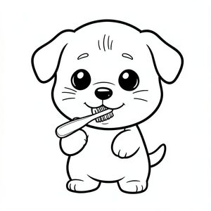 Chó con đánh răng bằng bàn chải đánh răng, chó con Kawaii, đầu tròn rất to, thân nhỏ xíu, chân ngắn, bàn chân tròn nhỏ, mắt tròn to, mũi đen nhỏ, khuôn mặt cười dễ thương, má mũm mĩm, 3 đường nhỏ trên trán, râu đơn giản, tai tròn nhỏ, thiết kế nhân vật nhất quán, tư thế dễ thương đơn giản, chi tiết tối thiểu, đường viền dày rõ ràng, nghệ thuật đường nét đen trắng,  Không màu, không đổ bóng, không thang độ xám, không lộn xộn nền, nhiều không gian trống, phong cách sách tô màu trẻ em, 3-6 tuổi --ar 2:3