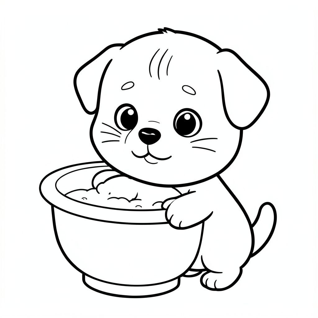 Chó con rửa mặt tại bồn rửa, chó con Kawaii, đầu tròn rất to, thân hình nhỏ xíu, chân ngắn, bàn chân tròn nhỏ, mắt tròn to, mũi đen nhỏ, khuôn mặt cười dễ thương, má mũm mĩm, 3 đường nhỏ trên trán, râu đơn giản, tai tròn nhỏ, thiết kế nhân vật nhất quán, tư thế dễ thương đơn giản, chi tiết tối thiểu, đường viền dày rõ ràng, nghệ thuật đường nét đen trắng,  Không màu, không đổ bóng, không thang độ xám, không lộn xộn nền, nhiều không gian trống, phong cách sách tô màu trẻ em, 3-6 tuổi --ar 2:3