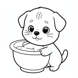 Chó con rửa mặt tại bồn rửa, chó con Kawaii, đầu tròn rất to, thân hình nhỏ xíu, chân ngắn, bàn chân tròn nhỏ, mắt tròn to, mũi đen nhỏ, khuôn mặt cười dễ thương, má mũm mĩm, 3 đường nhỏ trên trán, râu đơn giản, tai tròn nhỏ, thiết kế nhân vật nhất quán, tư thế dễ thương đơn giản, chi tiết tối thiểu, đường viền dày rõ ràng, nghệ thuật đường nét đen trắng,  Không màu, không đổ bóng, không thang độ xám, không lộn xộn nền, nhiều không gian trống, phong cách sách tô màu trẻ em, 3-6 tuổi --ar 2:3