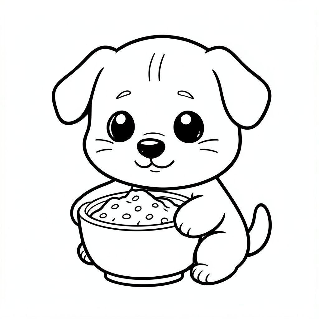 Chó con ăn sáng từ bát, Chó con Kawaii, đầu tròn rất to, cơ thể nhỏ xíu, chân ngắn, bàn chân tròn nhỏ, mắt tròn to, mũi đen nhỏ, khuôn mặt cười dễ thương, má mũm mĩm, 3 đường nhỏ trên trán, râu đơn giản, tai tròn nhỏ, thiết kế nhân vật nhất quán, tư thế dễ thương đơn giản, chi tiết tối thiểu, đường viền sạch sẽ dày đậm, nghệ thuật đường nét đen trắng, không màu, không đổ bóng, không thang độ xám, không lộn xộn nền, nhiều không gian trống, phong cách sách tô màu trẻ em, tuổi 3-6 --ar 2:3
