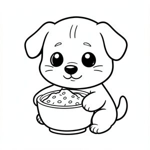Chó con ăn sáng từ bát, Chó con Kawaii, đầu tròn rất to, cơ thể nhỏ xíu, chân ngắn, bàn chân tròn nhỏ, mắt tròn to, mũi đen nhỏ, khuôn mặt cười dễ thương, má mũm mĩm, 3 đường nhỏ trên trán, râu đơn giản, tai tròn nhỏ, thiết kế nhân vật nhất quán, tư thế dễ thương đơn giản, chi tiết tối thiểu, đường viền sạch sẽ dày đậm, nghệ thuật đường nét đen trắng, không màu, không đổ bóng, không thang độ xám, không lộn xộn nền, nhiều không gian trống, phong cách sách tô màu trẻ em, tuổi 3-6 --ar 2:3