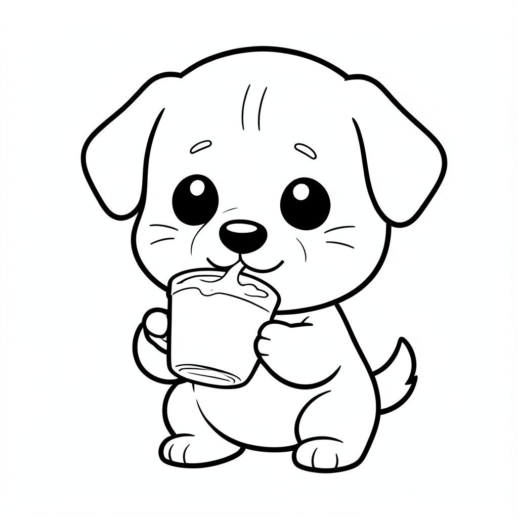 Chó con uống sữa từ cốc, Chó con Kawaii, đầu tròn rất to, thân nhỏ xíu, chân ngắn, bàn chân tròn nhỏ, mắt tròn to, mũi đen nhỏ, khuôn mặt cười dễ thương, má mũm mĩm, 3 đường nhỏ trên trán, râu đơn giản, tai tròn nhỏ, thiết kế nhân vật nhất quán, tư thế dễ thương đơn giản, chi tiết tối thiểu, đường viền dày rõ ràng đậm, nghệ thuật đường nét đen trắng, không màu, không bóng, không thang độ xám, không lộn xộn nền, nhiều không trống, phong cách sách tô màu trẻ em, 3-6 tuổi --ar 2:3