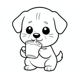 Chó con uống sữa từ cốc, Chó con Kawaii, đầu tròn rất to, thân nhỏ xíu, chân ngắn, bàn chân tròn nhỏ, mắt tròn to, mũi đen nhỏ, khuôn mặt cười dễ thương, má mũm mĩm, 3 đường nhỏ trên trán, râu đơn giản, tai tròn nhỏ, thiết kế nhân vật nhất quán, tư thế dễ thương đơn giản, chi tiết tối thiểu, đường viền dày rõ ràng đậm, nghệ thuật đường nét đen trắng, không màu, không bóng, không thang độ xám, không lộn xộn nền, nhiều không trống, phong cách sách tô màu trẻ em, 3-6 tuổi --ar 2:3