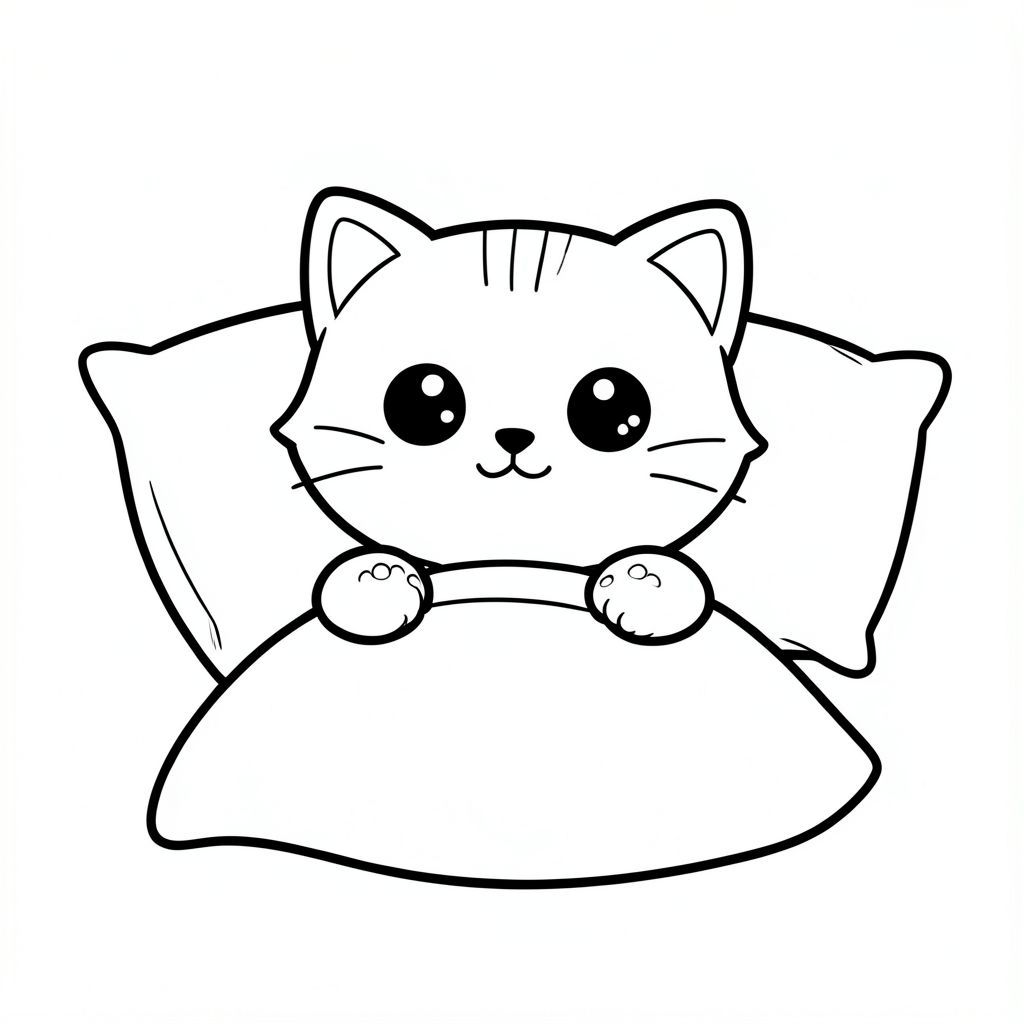 Mèo con Kawaii thức dậy từ giường, duỗi chân, gối chăn đơn giản, ở giữa, chi tiết tối thiểu, chỉ phác thảo, không đổ bóng --ar 2:3, mèo con Kawaii, đầu tròn rất to, thân hình nhỏ, chân ngắn, bàn chân nhỏ, mắt to tròn, mũi đen nhỏ, nụ cười dễ thương, má mũm mĩm, 3 đường nhỏ trên trán, râu đơn giản, tai tròn nhỏ với chi tiết bên trong,  Đường viền đậm sạch sẽ, chi tiết tối thiểu, không đổ bóng, nền trắng