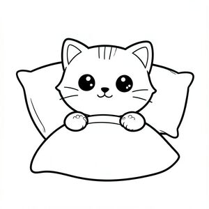 Mèo con Kawaii thức dậy từ giường, duỗi chân, gối chăn đơn giản, ở giữa, chi tiết tối thiểu, chỉ phác thảo, không đổ bóng --ar 2:3, mèo con Kawaii, đầu tròn rất to, thân hình nhỏ, chân ngắn, bàn chân nhỏ, mắt to tròn, mũi đen nhỏ, nụ cười dễ thương, má mũm mĩm, 3 đường nhỏ trên trán, râu đơn giản, tai tròn nhỏ với chi tiết bên trong,  Đường viền đậm sạch sẽ, chi tiết tối thiểu, không đổ bóng, nền trắng