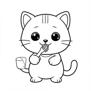 Mèo con Kawaii cầm bàn chải đánh răng, đánh răng, cốc đơn giản gần đó, chi tiết tối thiểu, chỉ phác thảo, không bóng --ar 2:3, mèo con Kawaii, đầu tròn rất to, thân hình nhỏ, chân ngắn, bàn chân nhỏ, mắt tròn to, mũi đen nhỏ, nụ cười dễ thương, má mũm mĩm, 3 đường nhỏ trên trán, râu đơn giản, tai tròn nhỏ với chi tiết bên trong, đường viền đậm sạch sẽ,  chi tiết tối thiểu, không đổ bóng, nền trắng