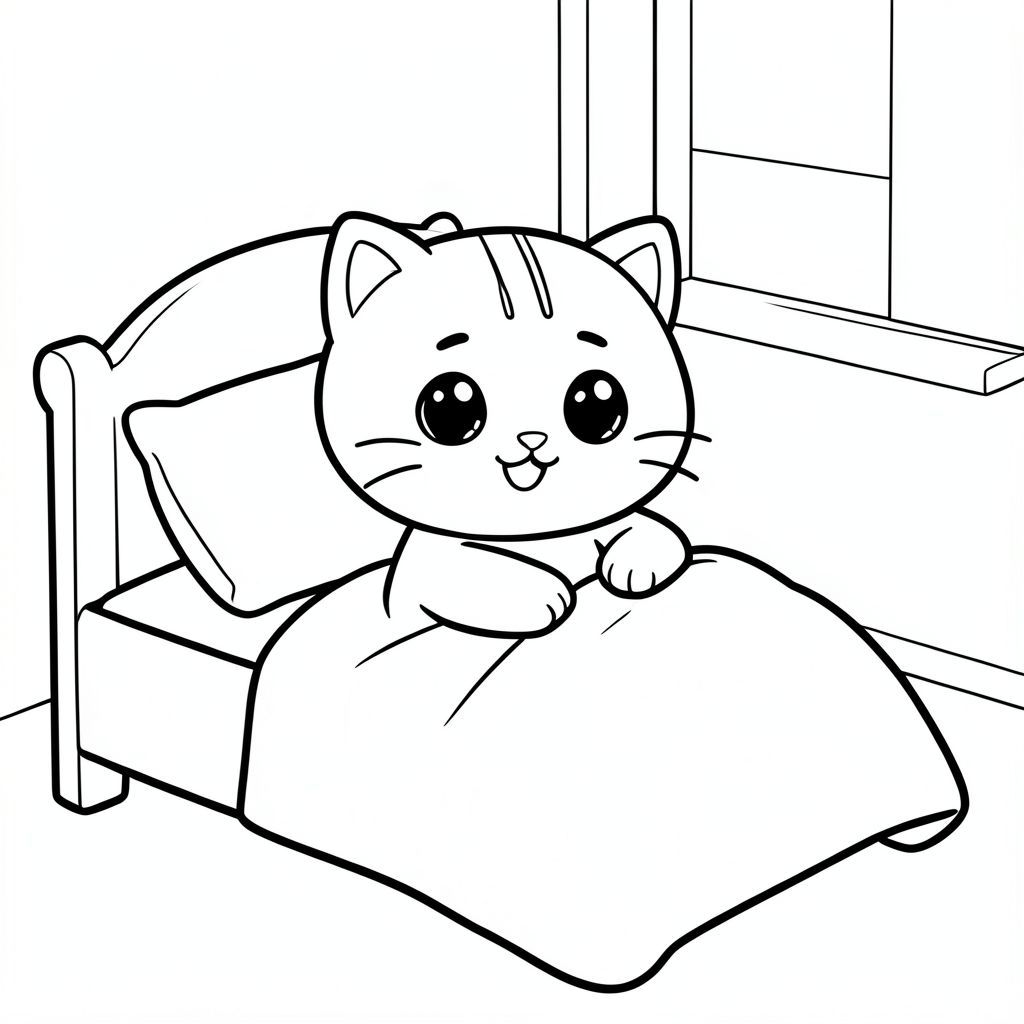 Mèo con Kawaii thức dậy trên một chiếc giường đơn giản, duỗi chân, gối và chăn nhỏ, biểu cảm buổi sáng vui vẻ, cảnh phòng ngủ đơn giản, đồ vật tối thiểu, nhân vật mèo con Kawaii, đầu tròn rất to, cơ thể nhỏ bé, chân ngắn, bàn chân nhỏ, mắt tròn to, mũi nhỏ, khuôn mặt cười dễ thương, má mũm mĩm, 3 đường nhỏ trên trán, râu đơn giản, tai tròn nhỏ,  Đường viền mịn mềm, cùng một ký tự trong mọi trang, mặt trước hoặc mặt nhẹ, đường viền đậm sạch sẽ, không đổ bóng, không thang độ xám, không màu, chi tiết tối thiểu, không gian mở rộng để tô màu, phong cách sách tô màu trẻ em đơn giản, dành cho trẻ em từ 3 đến 6 tuổi --ar 2: 3