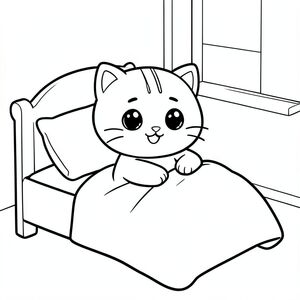 Mèo con Kawaii thức dậy trên một chiếc giường đơn giản, duỗi chân, gối và chăn nhỏ, biểu cảm buổi sáng vui vẻ, cảnh phòng ngủ đơn giản, đồ vật tối thiểu, nhân vật mèo con Kawaii, đầu tròn rất to, cơ thể nhỏ bé, chân ngắn, bàn chân nhỏ, mắt tròn to, mũi nhỏ, khuôn mặt cười dễ thương, má mũm mĩm, 3 đường nhỏ trên trán, râu đơn giản, tai tròn nhỏ,  Đường viền mịn mềm, cùng một ký tự trong mọi trang, mặt trước hoặc mặt nhẹ, đường viền đậm sạch sẽ, không đổ bóng, không thang độ xám, không màu, chi tiết tối thiểu, không gian mở rộng để tô màu, phong cách sách tô màu trẻ em đơn giản, dành cho trẻ em từ 3 đến 6 tuổi --ar 2: 3