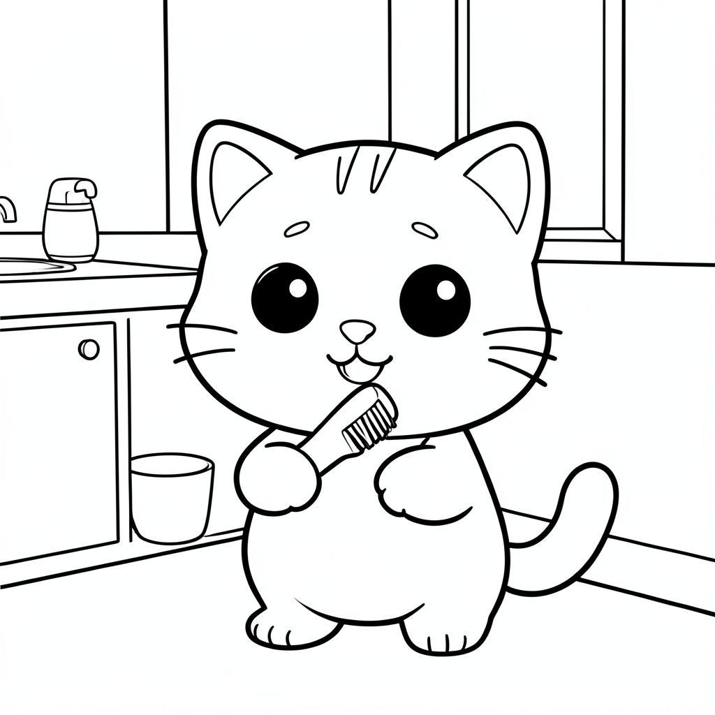 Mèo con Kawaii cầm bàn chải đánh răng, đánh răng, cốc nhỏ bên cạnh, thiết lập phòng tắm đơn giản, khuôn mặt mỉm cười, nhân vật mèo con Kawaii, đầu tròn rất to, cơ thể nhỏ xíu, chân ngắn, bàn chân nhỏ, mắt tròn to, mũi nhỏ, khuôn mặt cười dễ thương, má mũm mĩm, 3 đường nét nhỏ trên trán, râu đơn giản, tai tròn nhỏ, đường viền mịn mềm, cùng một ký tự trong mỗi trang, mặt trước hoặc mặt nhẹ, đường viền đậm sạch sẽ, không đổ bóng, không thang độ xám, không màu, chi tiết tối thiểu, không gian mở rộng để tô màu, phong cách sách tô màu trẻ em đơn giản, dành cho trẻ em từ 3 đến 6 tuổi --ar 2:3