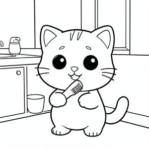 Mèo con Kawaii cầm bàn chải đánh răng, đánh răng, cốc nhỏ bên cạnh, thiết lập phòng tắm đơn giản, khuôn mặt mỉm cười, nhân vật mèo con Kawaii, đầu tròn rất to, cơ thể nhỏ xíu, chân ngắn, bàn chân nhỏ, mắt tròn to, mũi nhỏ, khuôn mặt cười dễ thương, má mũm mĩm, 3 đường nét nhỏ trên trán, râu đơn giản, tai tròn nhỏ, đường viền mịn mềm, cùng một ký tự trong mỗi trang, mặt trước hoặc mặt nhẹ, đường viền đậm sạch sẽ, không đổ bóng, không thang độ xám, không màu, chi tiết tối thiểu, không gian mở rộng để tô màu, phong cách sách tô màu trẻ em đơn giản, dành cho trẻ em từ 3 đến 6 tuổi --ar 2:3
