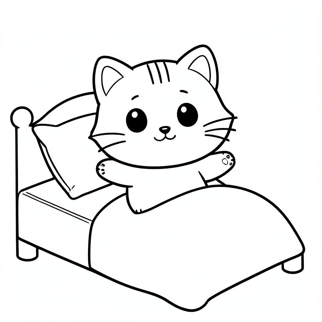 Nhân vật mèo con Kawaii, đầu tròn rất to, cơ thể nhỏ xíu, chân ngắn, bàn chân nhỏ, tư thế hướng về phía trước đơn giản, mắt to tròn, mũi đen nhỏ, nụ cười dễ thương, má mũm mĩm, 3 đường nhỏ trên trán, râu đơn giản, tai nhỏ với chi tiết bên trong, đường viền đậm sạch sẽ, chi tiết tối thiểu, không đổ bóng, không thang độ xám, không lộn xộn nền, tỷ lệ nhất quán, phong cách sách tô màu,  mèo con thức dậy trên một chiếc giường đơn giản, duỗi tay, gối và chăn, nhiều không gian trống để tô màu --ar 2:3, nhân vật mèo con Kawaii, đầu tròn rất to, cơ thể nhỏ xíu, chân ngắn, bàn chân nhỏ, tư thế hướng mặt trước đơn giản, mắt tròn to, mũi đen nhỏ, nụ cười dễ thương, má mũm mĩm, 3 đường nhỏ trên trán, râu đơn giản,  tai nhỏ với chi tiết bên trong, đường viền đậm sạch sẽ, chi tiết tối thiểu, không đổ bóng, không thang độ xám, không lộn xộn nền, tỷ lệ nhất quán, phong cách sách tô màu