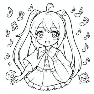 Hatsune Miku được bao quanh bởi những nốt nhạc và những nét vẽ nguệch ngoạc hạnh phúc