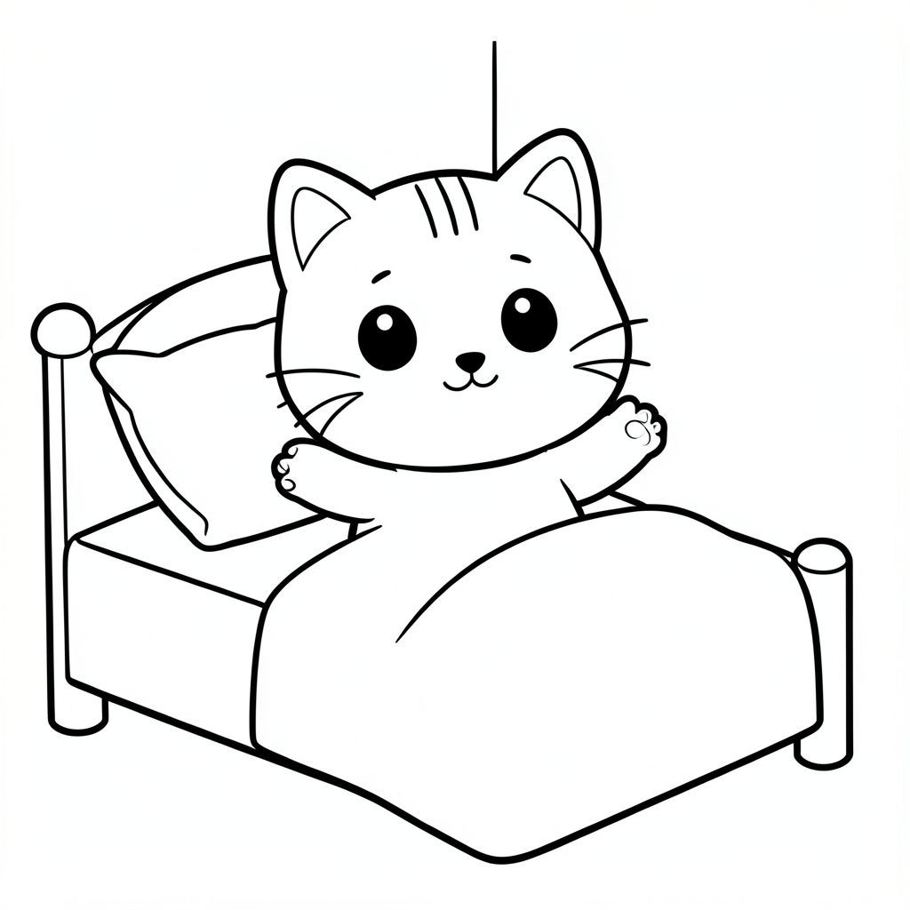 Nhân vật mèo con Kawaii, đầu tròn rất to, cơ thể nhỏ xíu, chân ngắn, bàn chân nhỏ, tư thế hướng về phía trước đơn giản, mắt to tròn, mũi đen nhỏ, nụ cười dễ thương, má mũm mĩm, 3 đường nhỏ trên trán, râu đơn giản, tai nhỏ với chi tiết bên trong, đường viền đậm sạch sẽ, chi tiết tối thiểu, không đổ bóng, không thang độ xám, không lộn xộn nền, tỷ lệ nhất quán, phong cách sách tô màu,  Mèo con thức dậy trên chiếc giường đơn giản, duỗi tay, gối chăn, nhiều không gian trống để tô màu --ar 2:3