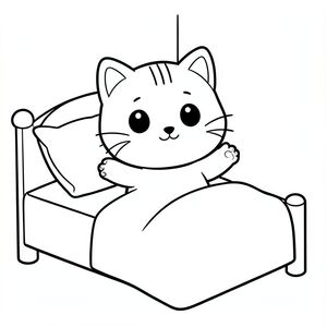 Nhân vật mèo con Kawaii, đầu tròn rất to, cơ thể nhỏ xíu, chân ngắn, bàn chân nhỏ, tư thế hướng về phía trước đơn giản, mắt to tròn, mũi đen nhỏ, nụ cười dễ thương, má mũm mĩm, 3 đường nhỏ trên trán, râu đơn giản, tai nhỏ với chi tiết bên trong, đường viền đậm sạch sẽ, chi tiết tối thiểu, không đổ bóng, không thang độ xám, không lộn xộn nền, tỷ lệ nhất quán, phong cách sách tô màu,  Mèo con thức dậy trên chiếc giường đơn giản, duỗi tay, gối chăn, nhiều không gian trống để tô màu --ar 2:3