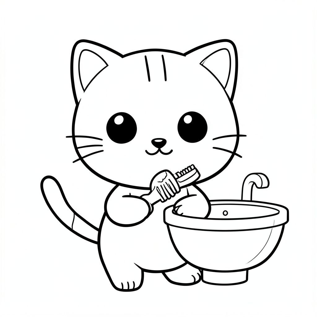 Nhân vật mèo con Kawaii, đầu tròn rất to, cơ thể nhỏ xíu, chân ngắn, bàn chân nhỏ, tư thế hướng về phía trước đơn giản, mắt to tròn, mũi đen nhỏ, nụ cười dễ thương, má mũm mĩm, 3 đường nhỏ trên trán, râu đơn giản, tai nhỏ với chi tiết bên trong, đường viền đậm sạch sẽ, chi tiết tối thiểu, không đổ bóng, không thang độ xám, không lộn xộn nền, tỷ lệ nhất quán, phong cách sách tô màu,  Mèo con cầm bàn chải đánh răng, đánh răng, bồn rửa đơn giản bên cạnh, nền trống --ar 2:3