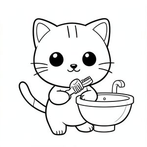Nhân vật mèo con Kawaii, đầu tròn rất to, cơ thể nhỏ xíu, chân ngắn, bàn chân nhỏ, tư thế hướng về phía trước đơn giản, mắt to tròn, mũi đen nhỏ, nụ cười dễ thương, má mũm mĩm, 3 đường nhỏ trên trán, râu đơn giản, tai nhỏ với chi tiết bên trong, đường viền đậm sạch sẽ, chi tiết tối thiểu, không đổ bóng, không thang độ xám, không lộn xộn nền, tỷ lệ nhất quán, phong cách sách tô màu,  Mèo con cầm bàn chải đánh răng, đánh răng, bồn rửa đơn giản bên cạnh, nền trống --ar 2:3