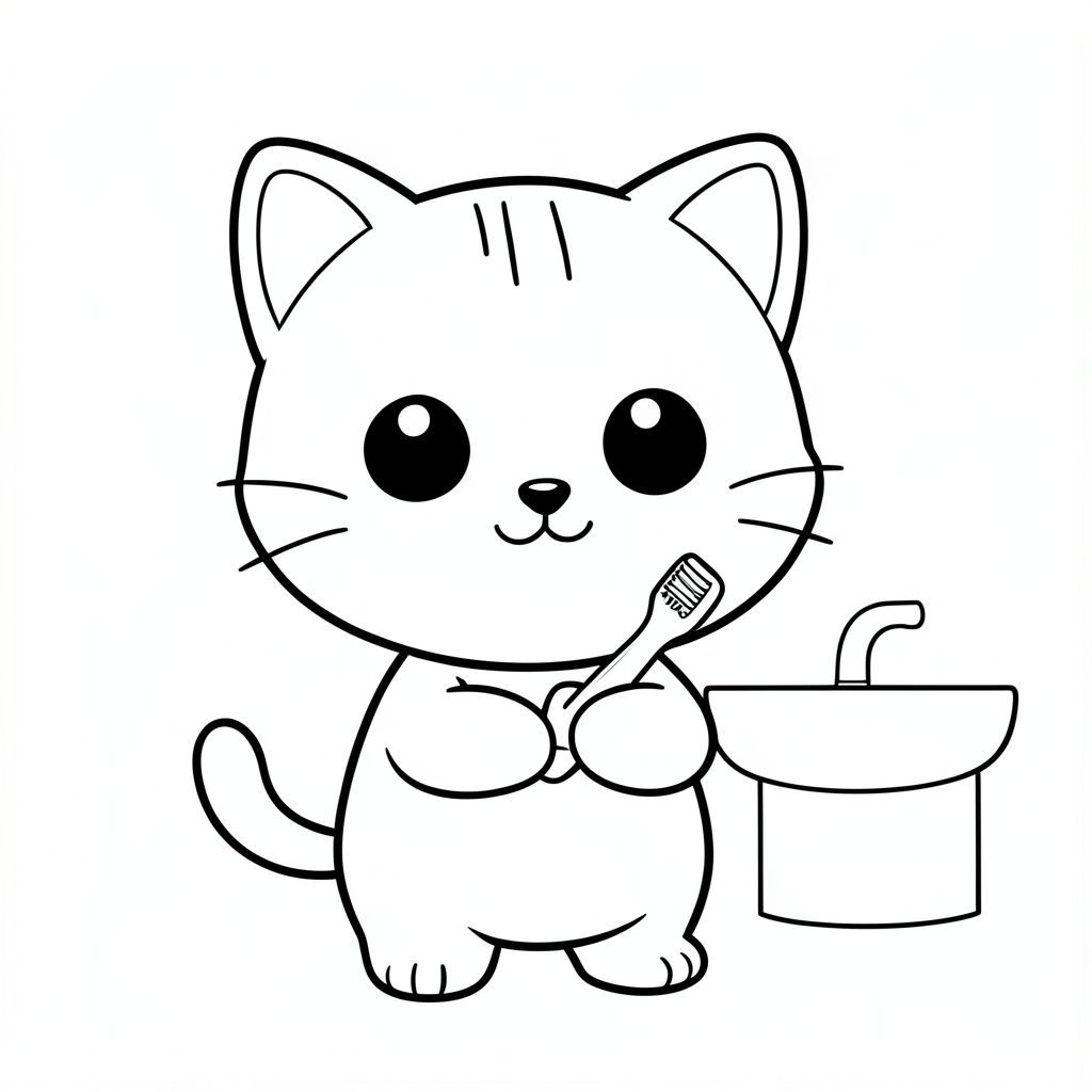Nhân vật mèo con Kawaii, đầu tròn rất to, cơ thể nhỏ xíu, chân ngắn, bàn chân nhỏ, tư thế hướng về phía trước đơn giản, mắt to tròn, mũi đen nhỏ, nụ cười dễ thương, má mũm mĩm, 3 đường nhỏ trên trán, râu đơn giản, tai nhỏ với chi tiết bên trong, đường viền đậm sạch sẽ, chi tiết tối thiểu, không đổ bóng, không thang độ xám, không lộn xộn nền, tỷ lệ nhất quán, phong cách sách tô màu,  Mèo con cầm bàn chải đánh răng, bàn chải đánh răng phải rõ ràng, sạch sẽ và có thể nhìn thấy, bồn rửa đơn giản bên cạnh, nền trống --ar 2:3
