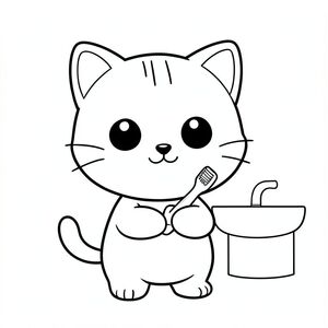 Nhân vật mèo con Kawaii, đầu tròn rất to, cơ thể nhỏ xíu, chân ngắn, bàn chân nhỏ, tư thế hướng về phía trước đơn giản, mắt to tròn, mũi đen nhỏ, nụ cười dễ thương, má mũm mĩm, 3 đường nhỏ trên trán, râu đơn giản, tai nhỏ với chi tiết bên trong, đường viền đậm sạch sẽ, chi tiết tối thiểu, không đổ bóng, không thang độ xám, không lộn xộn nền, tỷ lệ nhất quán, phong cách sách tô màu,  Mèo con cầm bàn chải đánh răng, bàn chải đánh răng phải rõ ràng, sạch sẽ và có thể nhìn thấy, bồn rửa đơn giản bên cạnh, nền trống --ar 2:3