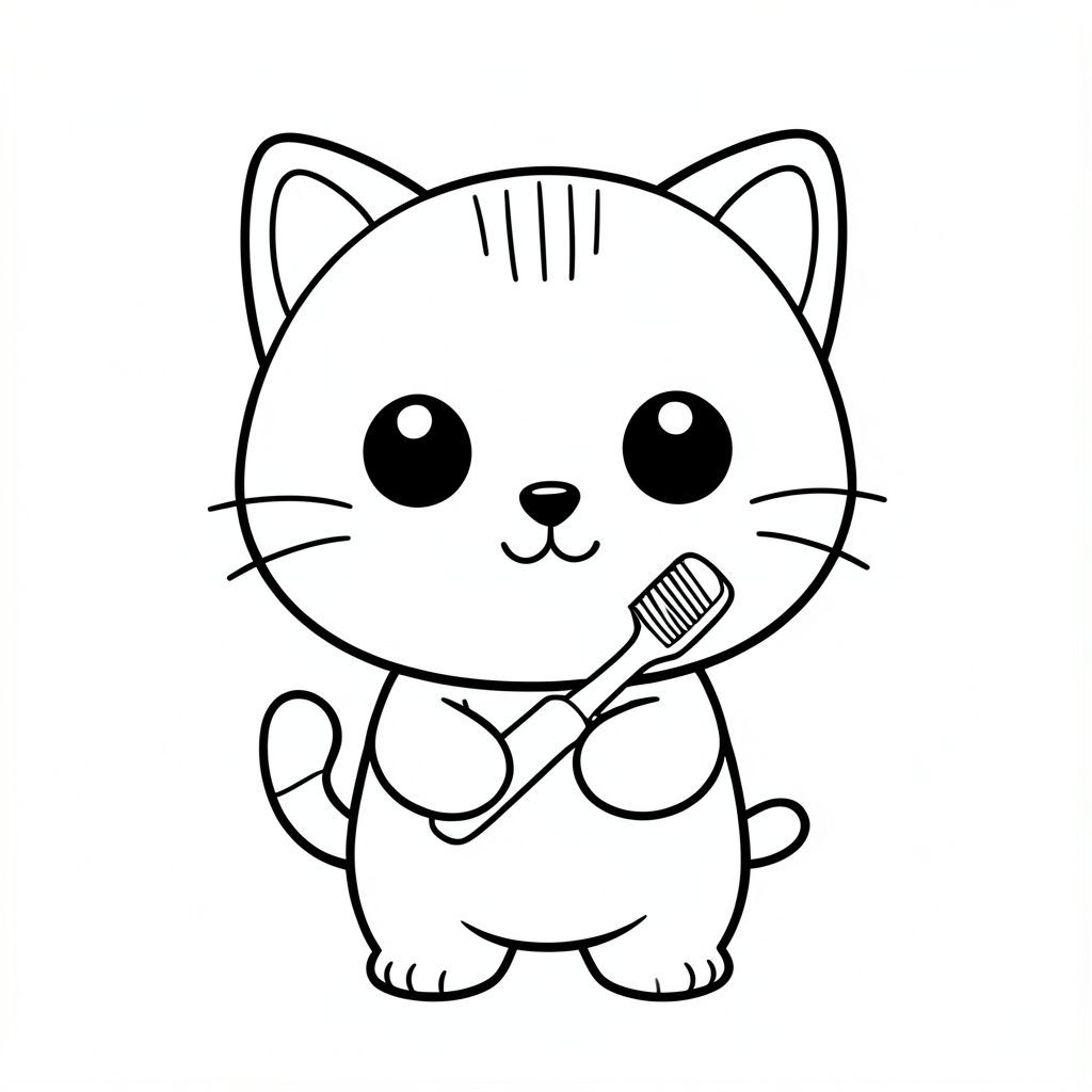 Nhân vật mèo con Kawaii, đầu tròn rất to, cơ thể nhỏ xíu, chân ngắn, bàn chân nhỏ, tư thế hướng về phía trước đơn giản, mắt to tròn, mũi đen nhỏ, nụ cười dễ thương, má mũm mĩm, 3 đường nhỏ trên trán, râu đơn giản, tai nhỏ với chi tiết bên trong, đường viền đậm sạch sẽ, chi tiết tối thiểu, không đổ bóng, không thang độ xám, không lộn xộn nền, tỷ lệ nhất quán, phong cách sách tô màu,  Mèo con cầm bàn chải đánh răng, bàn chải đánh răng phải rõ ràng, không có trục trặc trong bàn chải, nền trống --ar 2: 3