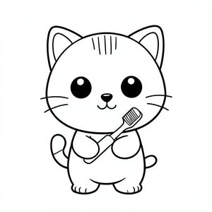 Nhân vật mèo con Kawaii, đầu tròn rất to, cơ thể nhỏ xíu, chân ngắn, bàn chân nhỏ, tư thế hướng về phía trước đơn giản, mắt to tròn, mũi đen nhỏ, nụ cười dễ thương, má mũm mĩm, 3 đường nhỏ trên trán, râu đơn giản, tai nhỏ với chi tiết bên trong, đường viền đậm sạch sẽ, chi tiết tối thiểu, không đổ bóng, không thang độ xám, không lộn xộn nền, tỷ lệ nhất quán, phong cách sách tô màu,  Mèo con cầm bàn chải đánh răng, bàn chải đánh răng phải rõ ràng, không có trục trặc trong bàn chải, nền trống --ar 2: 3