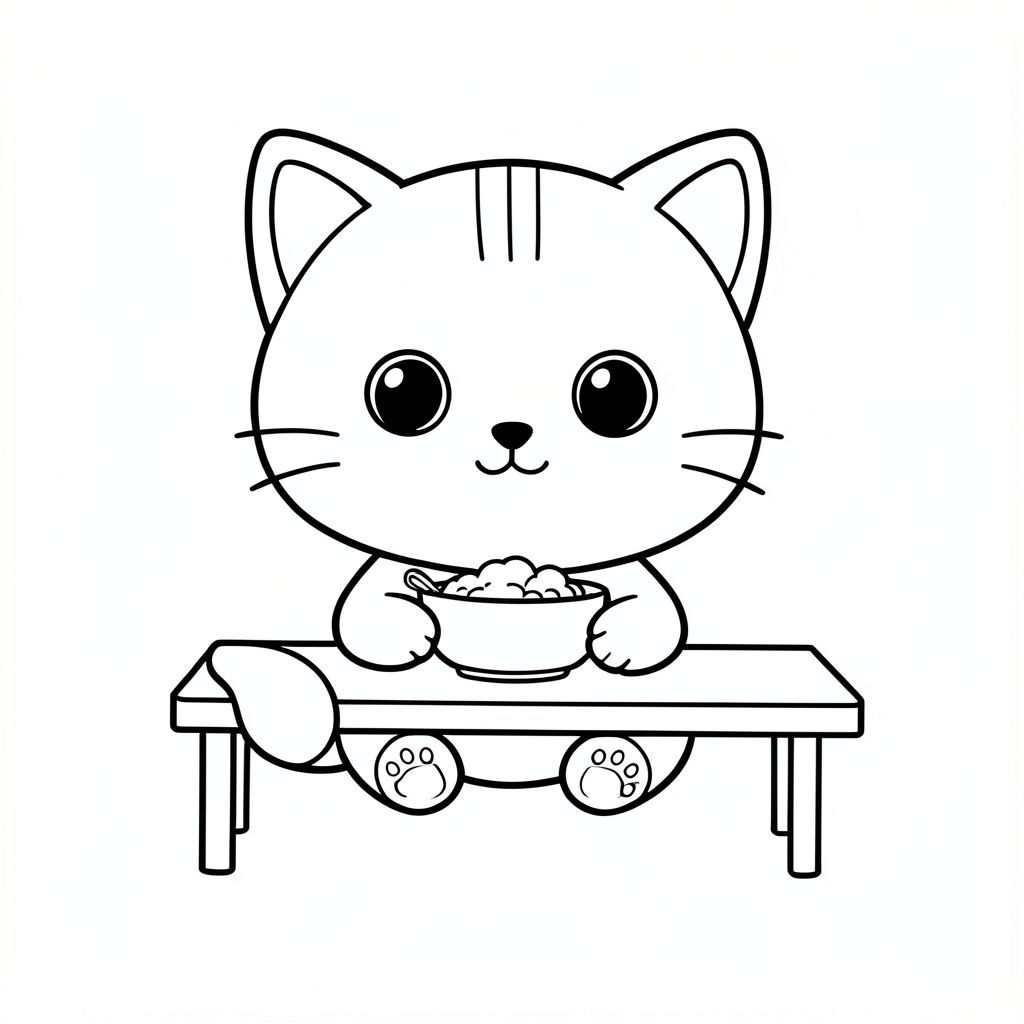 Nhân vật mèo con Kawaii, đầu tròn rất to, cơ thể nhỏ xíu, chân ngắn, bàn chân nhỏ, tư thế hướng về phía trước đơn giản, mắt to tròn, mũi đen nhỏ, nụ cười dễ thương, má mũm mĩm, 3 đường nhỏ trên trán, râu đơn giản, tai nhỏ với chi tiết bên trong, đường viền đậm sạch sẽ, chi tiết tối thiểu, không đổ bóng, không thang độ xám, không lộn xộn nền, tỷ lệ nhất quán, phong cách sách tô màu,  Mèo con ngồi bát thức ăn, cầm thìa, bàn đơn giản, nhiều khoảng trống --ar 2:3