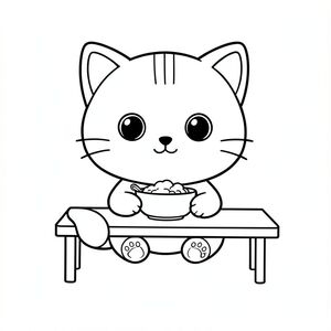 Nhân vật mèo con Kawaii, đầu tròn rất to, cơ thể nhỏ xíu, chân ngắn, bàn chân nhỏ, tư thế hướng về phía trước đơn giản, mắt to tròn, mũi đen nhỏ, nụ cười dễ thương, má mũm mĩm, 3 đường nhỏ trên trán, râu đơn giản, tai nhỏ với chi tiết bên trong, đường viền đậm sạch sẽ, chi tiết tối thiểu, không đổ bóng, không thang độ xám, không lộn xộn nền, tỷ lệ nhất quán, phong cách sách tô màu,  Mèo con ngồi bát thức ăn, cầm thìa, bàn đơn giản, nhiều khoảng trống --ar 2:3