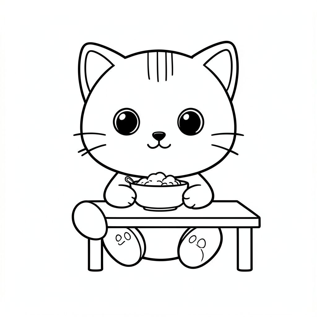 Nhân vật mèo con Kawaii, đầu tròn rất to, cơ thể nhỏ xíu, chân ngắn, bàn chân nhỏ, tư thế hướng về phía trước đơn giản, mắt to tròn, mũi đen nhỏ, nụ cười dễ thương, má mũm mĩm, 3 đường nhỏ trên trán, râu đơn giản, tai nhỏ với chi tiết bên trong, đường viền đậm sạch sẽ, chi tiết tối thiểu, không đổ bóng, không thang độ xám, không lộn xộn nền, tỷ lệ nhất quán, phong cách sách tô màu,  Mèo con ngồi với bát thức ăn, cầm thìa, bàn đơn giản, không có trục trặc trong bất kỳ đồ vật nào, nhiều khoảng trống --ar 2:3