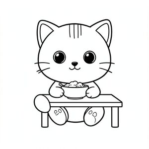 Nhân vật mèo con Kawaii, đầu tròn rất to, cơ thể nhỏ xíu, chân ngắn, bàn chân nhỏ, tư thế hướng về phía trước đơn giản, mắt to tròn, mũi đen nhỏ, nụ cười dễ thương, má mũm mĩm, 3 đường nhỏ trên trán, râu đơn giản, tai nhỏ với chi tiết bên trong, đường viền đậm sạch sẽ, chi tiết tối thiểu, không đổ bóng, không thang độ xám, không lộn xộn nền, tỷ lệ nhất quán, phong cách sách tô màu,  Mèo con ngồi với bát thức ăn, cầm thìa, bàn đơn giản, không có trục trặc trong bất kỳ đồ vật nào, nhiều khoảng trống --ar 2:3