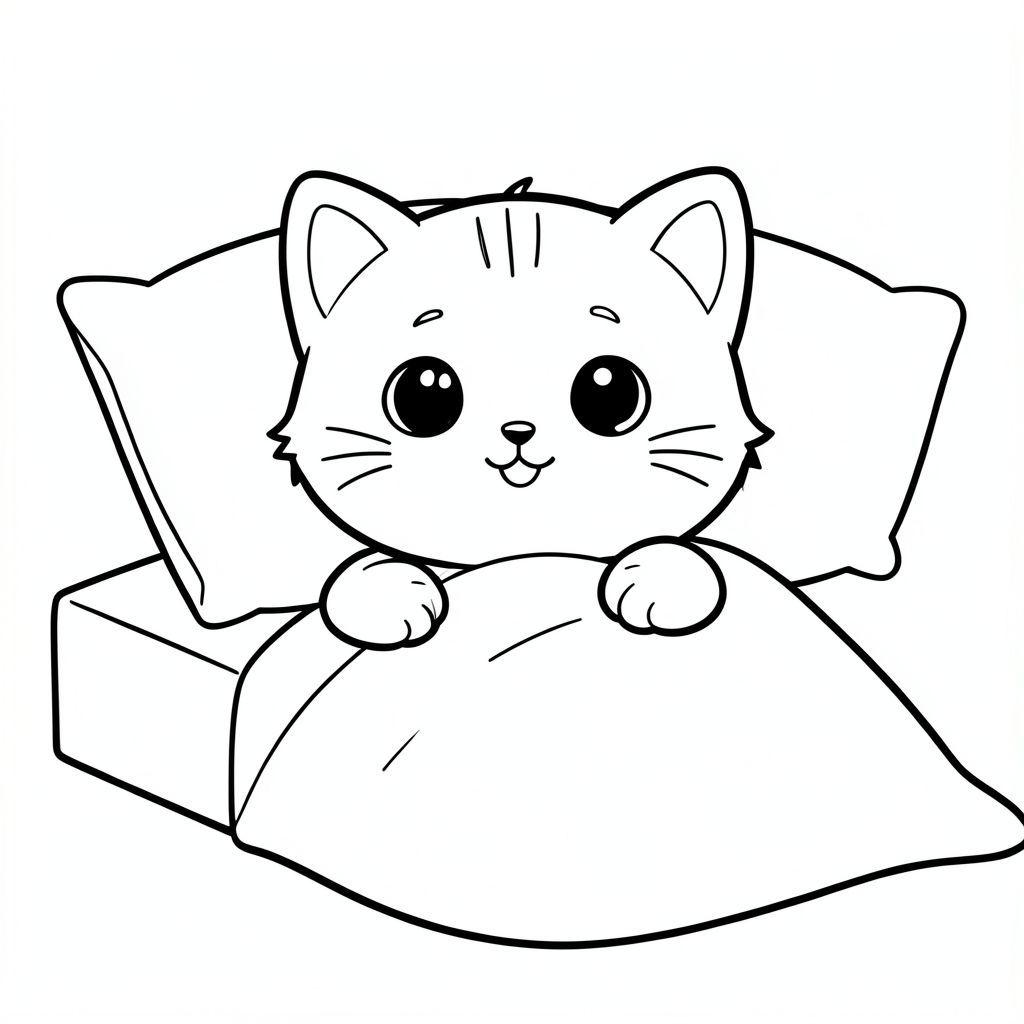 Mèo con Kawaii đơn giản, đầu tròn rất to, thân hình nhỏ, chân ngắn, bàn chân nhỏ, mắt tròn to, mũi nhỏ, khuôn mặt cười, má mũm mĩm, 3 đường trán nhỏ, râu đơn giản, tai tròn nhỏ, đường viền đậm sạch sẽ, chi tiết tối thiểu, cùng tỷ lệ, mặt trước, thân thiện với trẻ em, không đổ bóng, không có thang độ xám, chỉ đường viền đen trắng, mèo con thức dậy trên giường,  bàn chân duỗi thẳng, gối chăn đơn giản, đường nét sạch sẽ, không gian mở rộng để tô màu, không lộn xộn nền --ar 2: 3