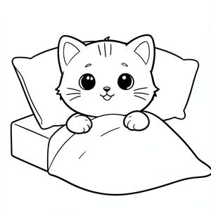 Mèo con Kawaii đơn giản, đầu tròn rất to, thân hình nhỏ, chân ngắn, bàn chân nhỏ, mắt tròn to, mũi nhỏ, khuôn mặt cười, má mũm mĩm, 3 đường trán nhỏ, râu đơn giản, tai tròn nhỏ, đường viền đậm sạch sẽ, chi tiết tối thiểu, cùng tỷ lệ, mặt trước, thân thiện với trẻ em, không đổ bóng, không có thang độ xám, chỉ đường viền đen trắng, mèo con thức dậy trên giường,  bàn chân duỗi thẳng, gối chăn đơn giản, đường nét sạch sẽ, không gian mở rộng để tô màu, không lộn xộn nền --ar 2: 3