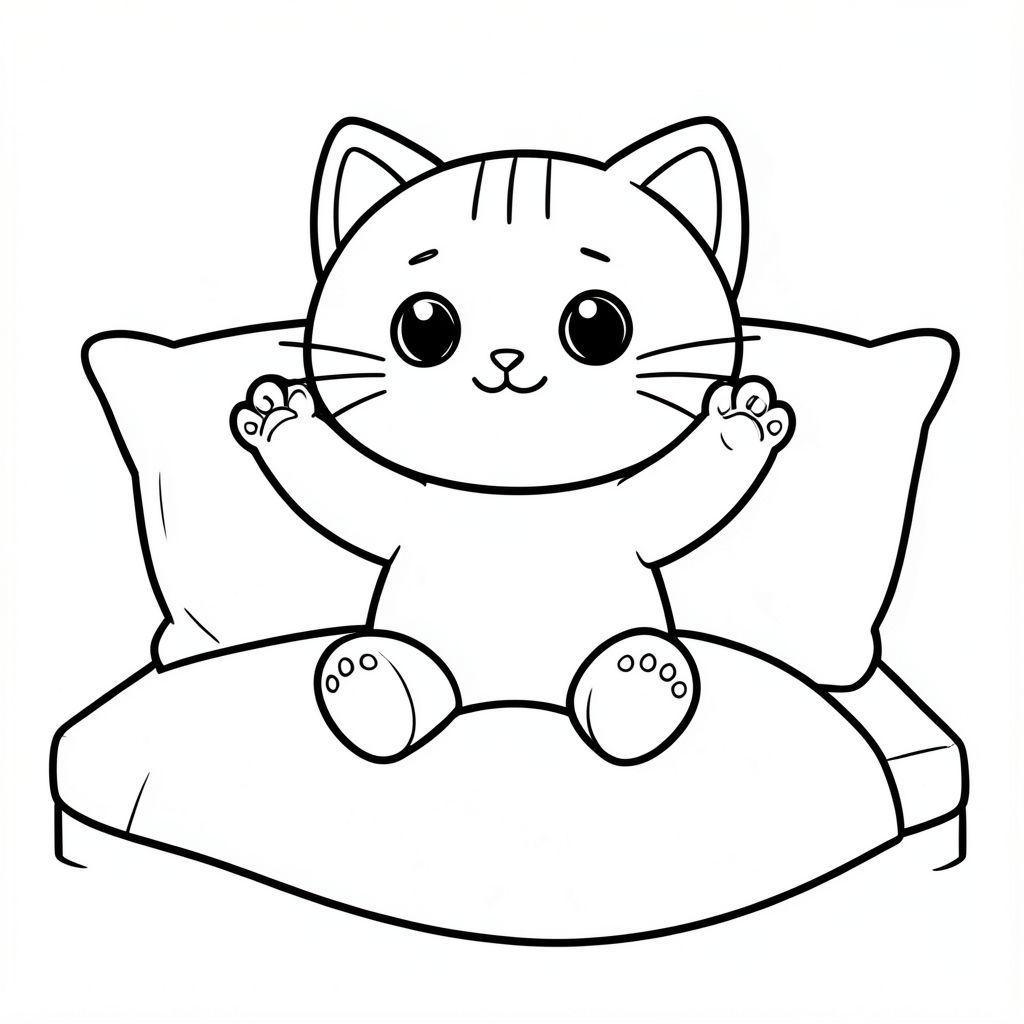 mèo con ngồi trên giường đơn giản, duỗi hai chân lên trên, gối phía sau, chăn bên dưới, tư thế thư giãn, mèo con Kawaii, đầu tròn rất to (70% cơ thể), thân hình trái xoan nhỏ, chân ngắn, bàn chân tròn nhỏ, mắt tròn to, mũi tam giác nhỏ, miệng cười, má mũm mĩm, đúng 3 đường ngắn trên trán, mỗi bên 3 râu, tai tròn nhỏ,  tỷ lệ giống nhau trong mọi hình ảnh, đường viền rõ ràng đậm dày, đường liên tục mượt mà, đối xứng hoàn hảo, hình dạng đơn giản, nghệ thuật đường nét đen trắng, không đổ bóng, không thang độ xám, không gian trống lớn, thân thiện với trẻ em từ 3–6 tuổi, không có đường lộn xộn, không phác thảo, không đường mảnh, không mờ, không thang độ xám, không bóng, không có chi tiết thực tế, không có nền phức tạp, không có đối tượng thừa, không biến dạng,  Không có đột biến, không có khuôn mặt bị biến dạng, không có biến dạng phối cảnh, không có đường viền bị phá vỡ, đường viền kiểu vector rõ ràng --ar 2:3.