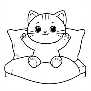 mèo con ngồi trên giường đơn giản, duỗi hai chân lên trên, gối phía sau, chăn bên dưới, tư thế thư giãn, mèo con Kawaii, đầu tròn rất to (70% cơ thể), thân hình trái xoan nhỏ, chân ngắn, bàn chân tròn nhỏ, mắt tròn to, mũi tam giác nhỏ, miệng cười, má mũm mĩm, đúng 3 đường ngắn trên trán, mỗi bên 3 râu, tai tròn nhỏ,  tỷ lệ giống nhau trong mọi hình ảnh, đường viền rõ ràng đậm dày, đường liên tục mượt mà, đối xứng hoàn hảo, hình dạng đơn giản, nghệ thuật đường nét đen trắng, không đổ bóng, không thang độ xám, không gian trống lớn, thân thiện với trẻ em từ 3–6 tuổi, không có đường lộn xộn, không phác thảo, không đường mảnh, không mờ, không thang độ xám, không bóng, không có chi tiết thực tế, không có nền phức tạp, không có đối tượng thừa, không biến dạng,  Không có đột biến, không có khuôn mặt bị biến dạng, không có biến dạng phối cảnh, không có đường viền bị phá vỡ, đường viền kiểu vector rõ ràng --ar 2:3.