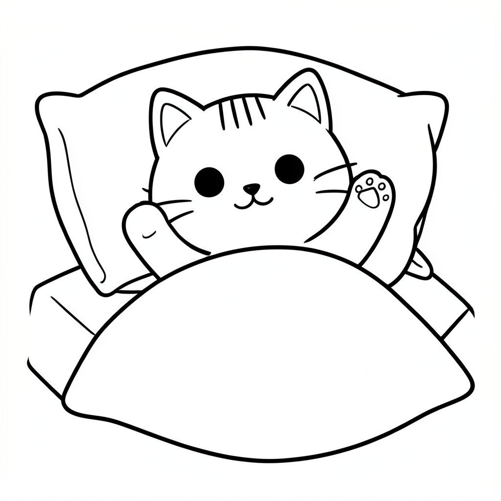 mèo con ngủ trên giường đơn giản, duỗi hai chân lên trên, gối sau, chăn bên dưới, tư thế thư giãn, mèo con Kawaii, đầu tròn rất to (70% cơ thể), thân hình trái xoan nhỏ, chân ngắn, bàn chân tròn nhỏ, mắt to tròn, mũi tam giác nhỏ, miệng cười, má mũm mĩm, đúng 3 đường ngắn trên trán, mỗi bên 3 râu, tai tròn nhỏ,  tỷ lệ giống nhau trong mọi hình ảnh, đường viền rõ ràng đậm dày, đường liên tục mượt mà, đối xứng hoàn hảo, hình dạng đơn giản, nghệ thuật đường nét đen trắng, không đổ bóng, không thang độ xám, không gian trống lớn, thân thiện với trẻ em từ 3–6 tuổi, không có đường lộn xộn, không phác thảo, không đường mảnh, không mờ, không thang độ xám, không bóng, không có chi tiết thực tế, không có nền phức tạp, không có đối tượng thừa, không biến dạng,  Không có đột biến, không có khuôn mặt bị biến dạng, không có biến dạng phối cảnh, không có đường viền bị phá vỡ, đường viền kiểu vector rõ ràng --ar 2:3.