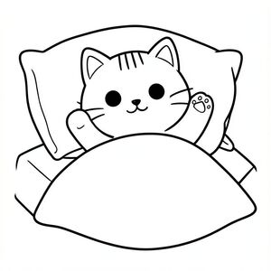 mèo con ngủ trên giường đơn giản, duỗi hai chân lên trên, gối sau, chăn bên dưới, tư thế thư giãn, mèo con Kawaii, đầu tròn rất to (70% cơ thể), thân hình trái xoan nhỏ, chân ngắn, bàn chân tròn nhỏ, mắt to tròn, mũi tam giác nhỏ, miệng cười, má mũm mĩm, đúng 3 đường ngắn trên trán, mỗi bên 3 râu, tai tròn nhỏ,  tỷ lệ giống nhau trong mọi hình ảnh, đường viền rõ ràng đậm dày, đường liên tục mượt mà, đối xứng hoàn hảo, hình dạng đơn giản, nghệ thuật đường nét đen trắng, không đổ bóng, không thang độ xám, không gian trống lớn, thân thiện với trẻ em từ 3–6 tuổi, không có đường lộn xộn, không phác thảo, không đường mảnh, không mờ, không thang độ xám, không bóng, không có chi tiết thực tế, không có nền phức tạp, không có đối tượng thừa, không biến dạng,  Không có đột biến, không có khuôn mặt bị biến dạng, không có biến dạng phối cảnh, không có đường viền bị phá vỡ, đường viền kiểu vector rõ ràng --ar 2:3.