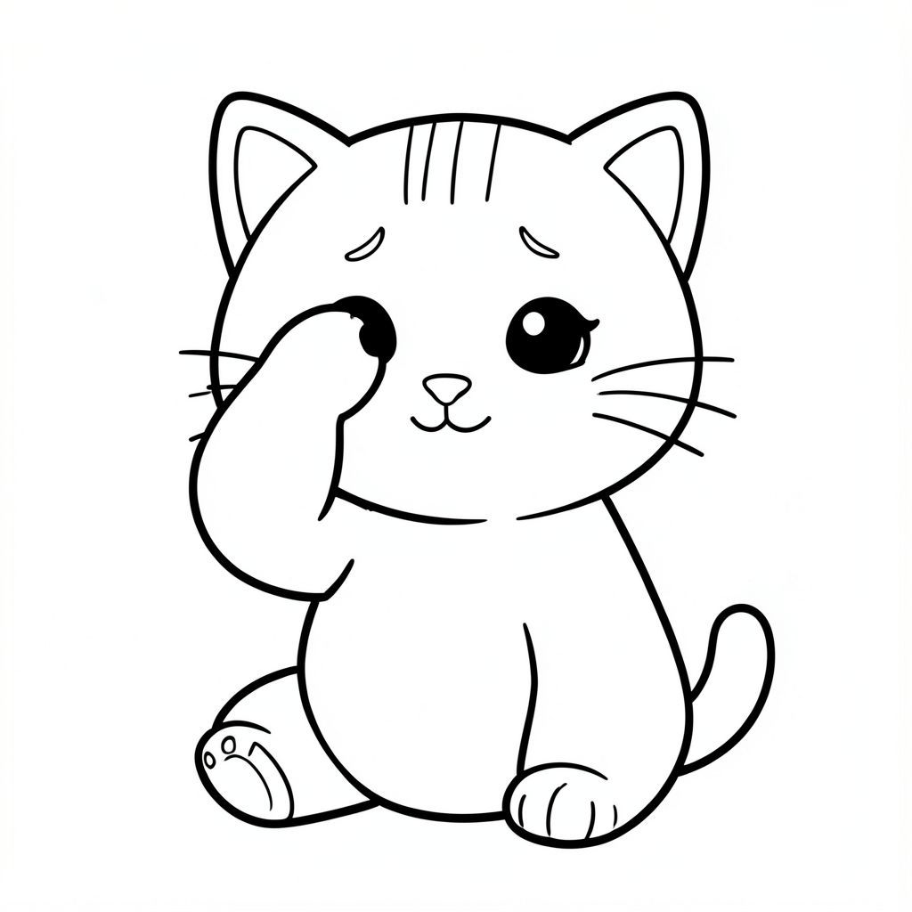 mèo con ngồi, xoa một mắt bằng chân, biểu cảm buồn ngủ, mèo con Kawaii, đầu tròn rất to (70% cơ thể), thân hình trái xoan nhỏ, chân ngắn, bàn chân tròn nhỏ, mắt to tròn, mũi tam giác nhỏ, miệng cười, má mũm mĩm, đúng 3 đường ngắn trên trán, 3 râu mỗi bên, tai tròn nhỏ, tỷ lệ giống nhau trong mọi hình ảnh,  đường viền rõ ràng đậm dày, đường liên tục mượt mà, đối xứng hoàn hảo, hình dạng đơn giản, nghệ thuật đường nét đen trắng, không đổ bóng, không thang độ xám, không gian trống lớn, thân thiện với trẻ em từ 3–6 tuổi, không có đường lộn xộn, không phác thảo, không đường mảnh, không mờ, không thang độ xám, không bóng, không chi tiết thực tế, không có nền phức tạp, không có đối tượng thừa, không biến dạng, không đột biến, không khuôn mặt biến dạng,  Không có biến dạng phối cảnh, không có đường viền bị phá vỡ, đường viền kiểu vector rõ ràng --ar 2:3.