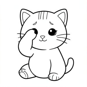 mèo con ngồi, xoa một mắt bằng chân, biểu cảm buồn ngủ, mèo con Kawaii, đầu tròn rất to (70% cơ thể), thân hình trái xoan nhỏ, chân ngắn, bàn chân tròn nhỏ, mắt to tròn, mũi tam giác nhỏ, miệng cười, má mũm mĩm, đúng 3 đường ngắn trên trán, 3 râu mỗi bên, tai tròn nhỏ, tỷ lệ giống nhau trong mọi hình ảnh,  đường viền rõ ràng đậm dày, đường liên tục mượt mà, đối xứng hoàn hảo, hình dạng đơn giản, nghệ thuật đường nét đen trắng, không đổ bóng, không thang độ xám, không gian trống lớn, thân thiện với trẻ em từ 3–6 tuổi, không có đường lộn xộn, không phác thảo, không đường mảnh, không mờ, không thang độ xám, không bóng, không chi tiết thực tế, không có nền phức tạp, không có đối tượng thừa, không biến dạng, không đột biến, không khuôn mặt biến dạng,  Không có biến dạng phối cảnh, không có đường viền bị phá vỡ, đường viền kiểu vector rõ ràng --ar 2:3.