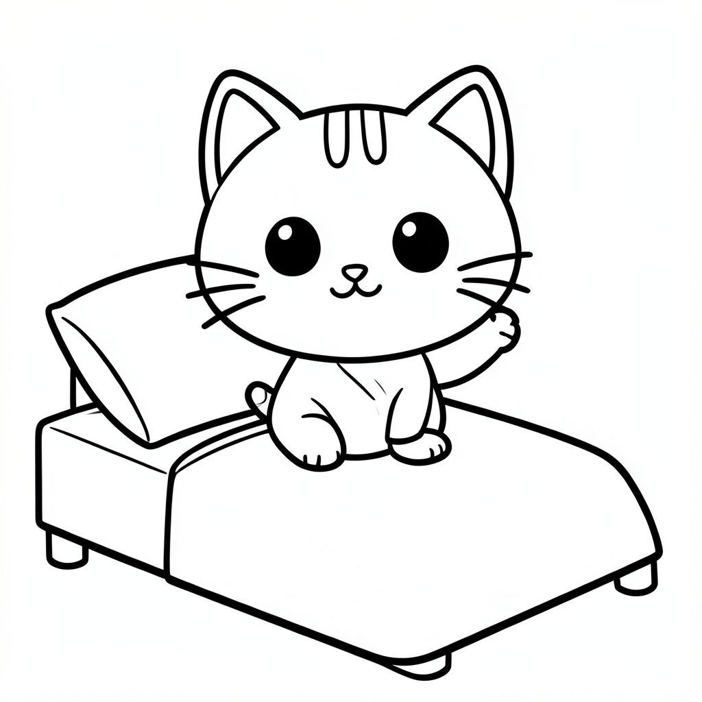 khuôn mặt mèo con kawaii giống nhau, cấu trúc khuôn mặt giống hệt nhau, hình dạng và khoảng cách mắt giống hệt nhau, kích thước và vị trí mũi giống hệt nhau, đường cong miệng giống hệt nhau, má giống hệt nhau, 3 đường trán giống hệt nhau, vị trí râu giống hệt nhau, không có biến thể, mô hình nhân vật nhất quán, mèo con kawaii, đầu 70% cơ thể, cơ thể hình bầu dục nhỏ, chân ngắn, bàn chân nhỏ, ngồi trên giường đơn giản duỗi bàn chân lên, gối và chăn,  Đường viền sạch sẽ táo bạo, hình dạng tối thiểu, nghệ thuật đường nét đen trắng, không gian lớn, không đổ bóng, không thang độ xám, không biến dạng, không có đường lộn xộn --ar 2: 3 - 777777 hạt giống