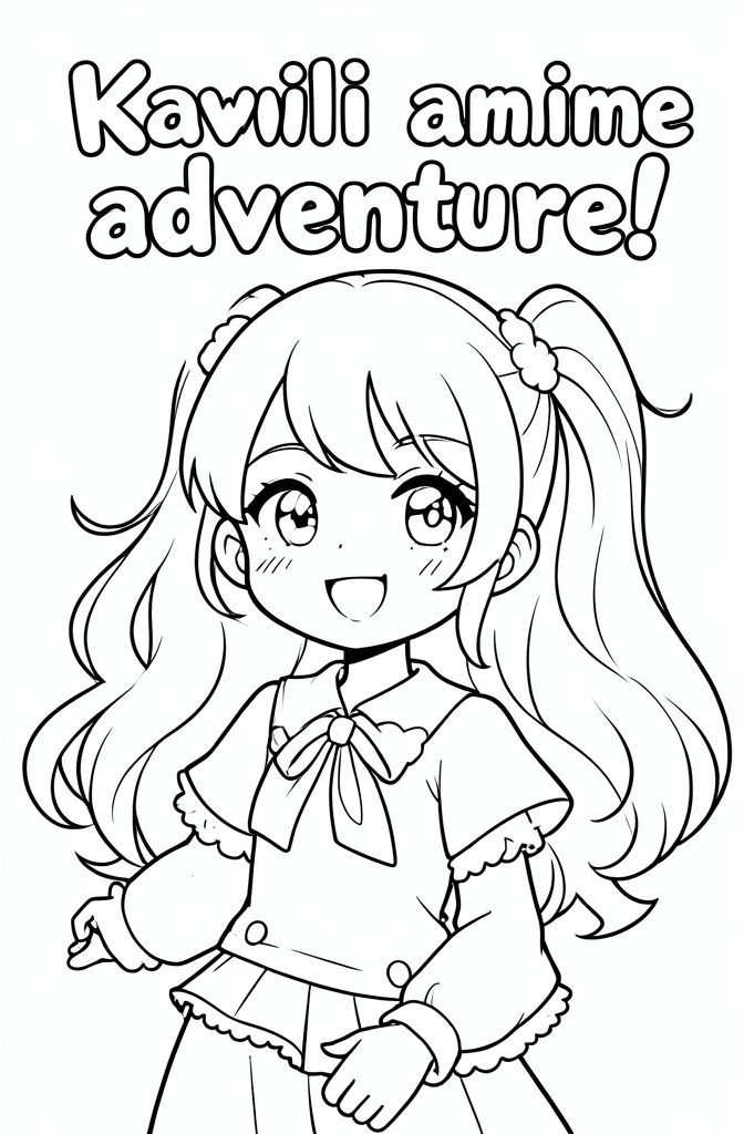 Bìa sách tô màu có dòng chữ "Cuộc phiêu lưu anime Kawaii!" Và có một cô gái anime dễ thương