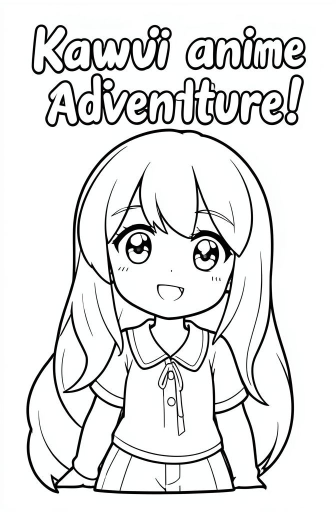 Bìa sách tô màu có dòng chữ "Cuộc phiêu lưu anime Kawaii!" Và có một cô gái anime dễ thương