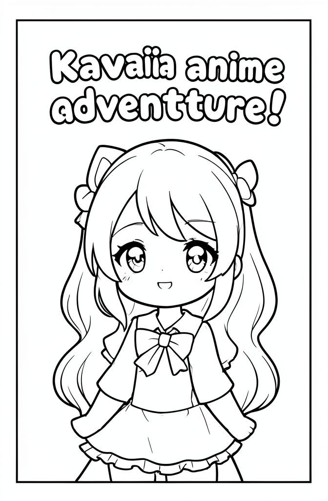 An coloring book  cover that says "Kawaii anime adventure!" And has a cute anime girl