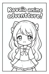 An coloring book  cover that says "Kawaii anime adventure!" And has a cute anime girl