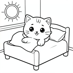 Kawaii baby cat stretching on a small simple bed, smiling happily, blanket slightly folded, small pillow next to head, morning sun in corner, very simple bedroom background, black and white coloring page, bold thick outline, no color, white background, simple shapes, large spaces, --ar 2:3

Black and white coloring page, bold thick clean outline, no color, no grayscale, white background, minimal simple background, large open spaces for easy coloring, kid-friendly, simple shapes, no shading, no textures, no clutter, --ar 2:3

Kawaii baby cat, very big round head, tiny small body, short legs, small paws, large round eyes, small black nose, cute smiling face, chubby cheeks, 3 small lines on forehead, simple whiskers, small rounded ears with inner detail, soft rounded shapes, no sharp edges